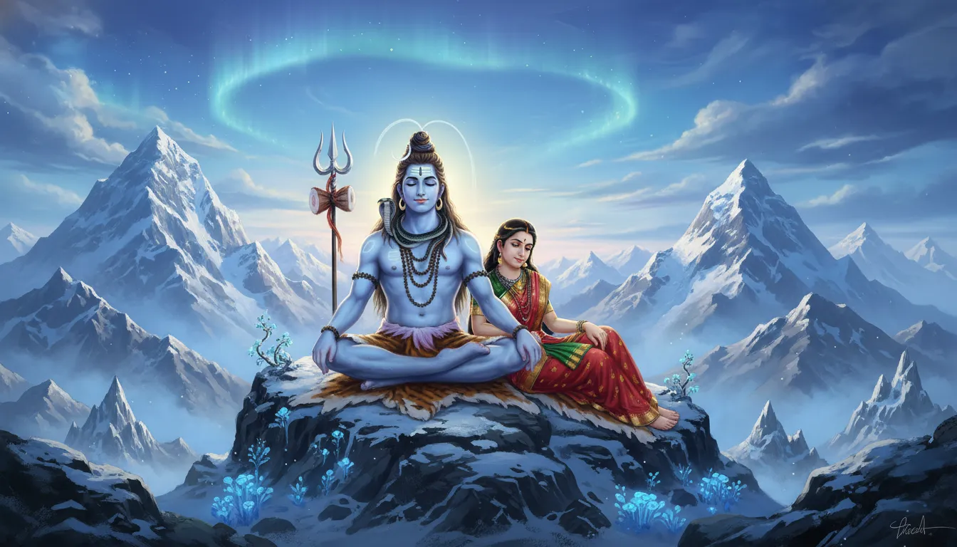 Lord Shiva meditating with Parvati beside him in mountains