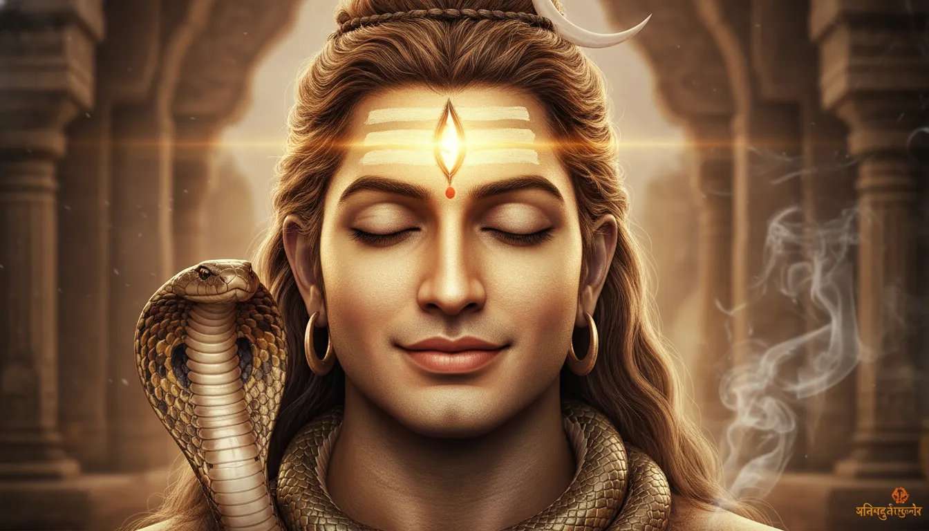 Spiritual portrait of Lord Shiva meditating with a soft divine light emanating from his third eye