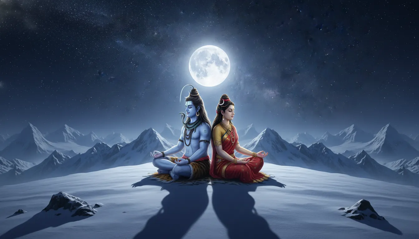 Shiva and Parvati sitting back to back in deep meditation on a high Himalayan peak under a full moon