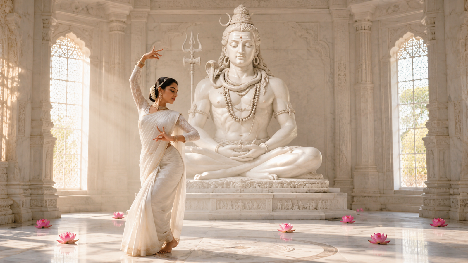 A woman in a simple white saree doing a meditative dance pose before a large white meditating Shiva idol