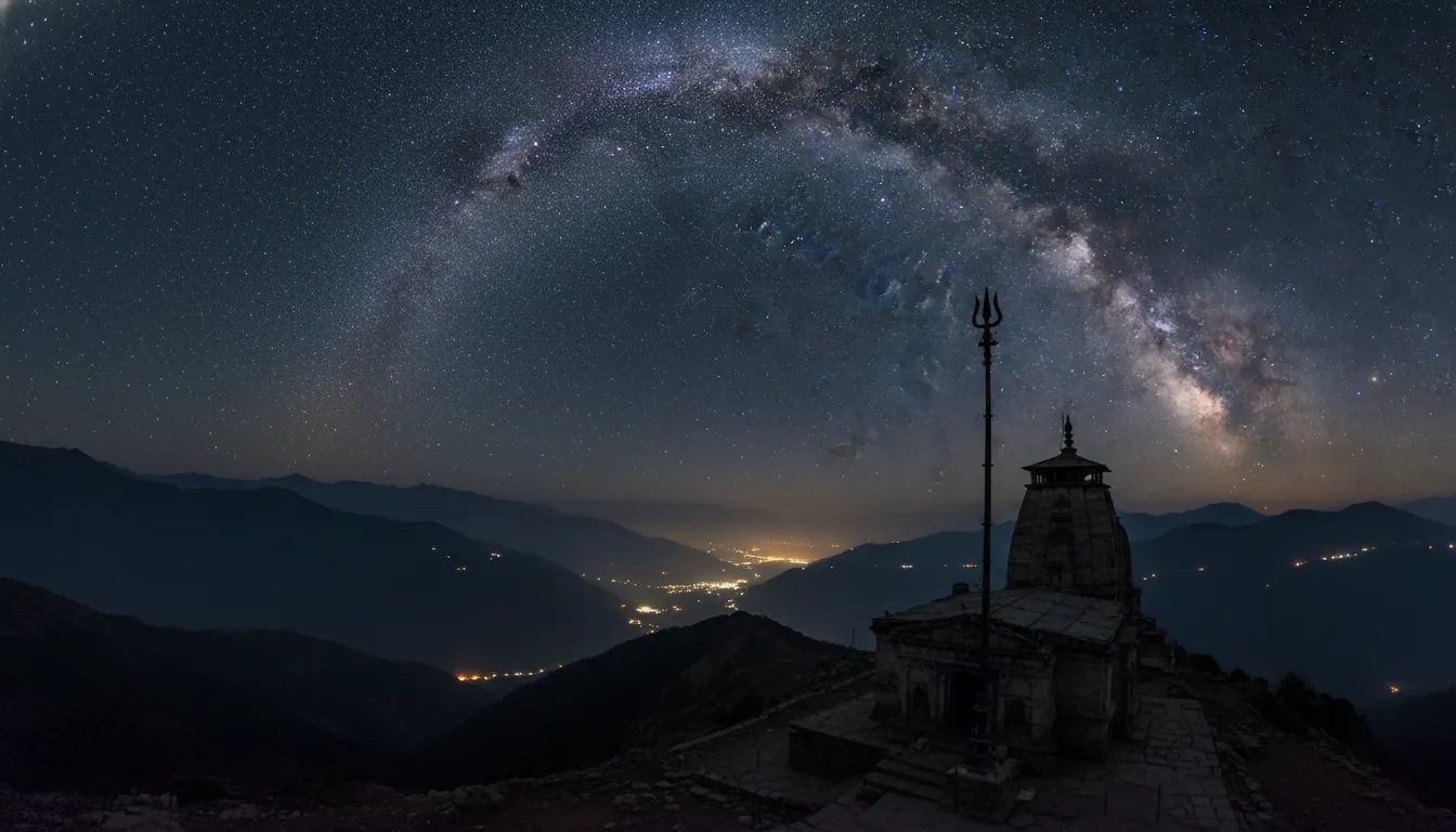 Stunning astrophotography of the Milky Way galaxy over the silhouette of Bijli Mahadev Temple.