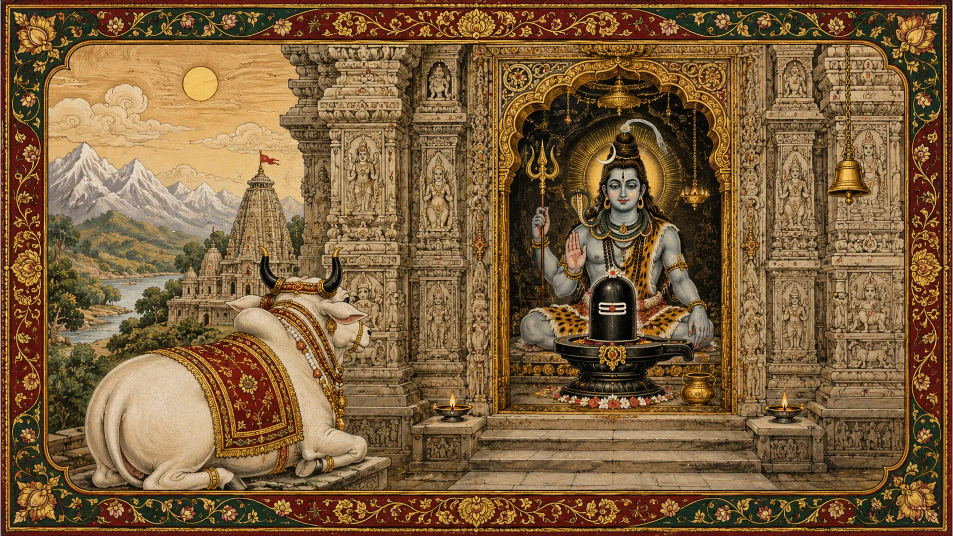 A traditional Indian temple style painting of Lord Shiva fed by Nandi.