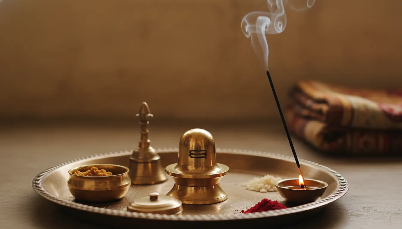 Small shiny brass Shiva Lingam kept on a bronze puja plate with incense sticks and sandalwood paste.