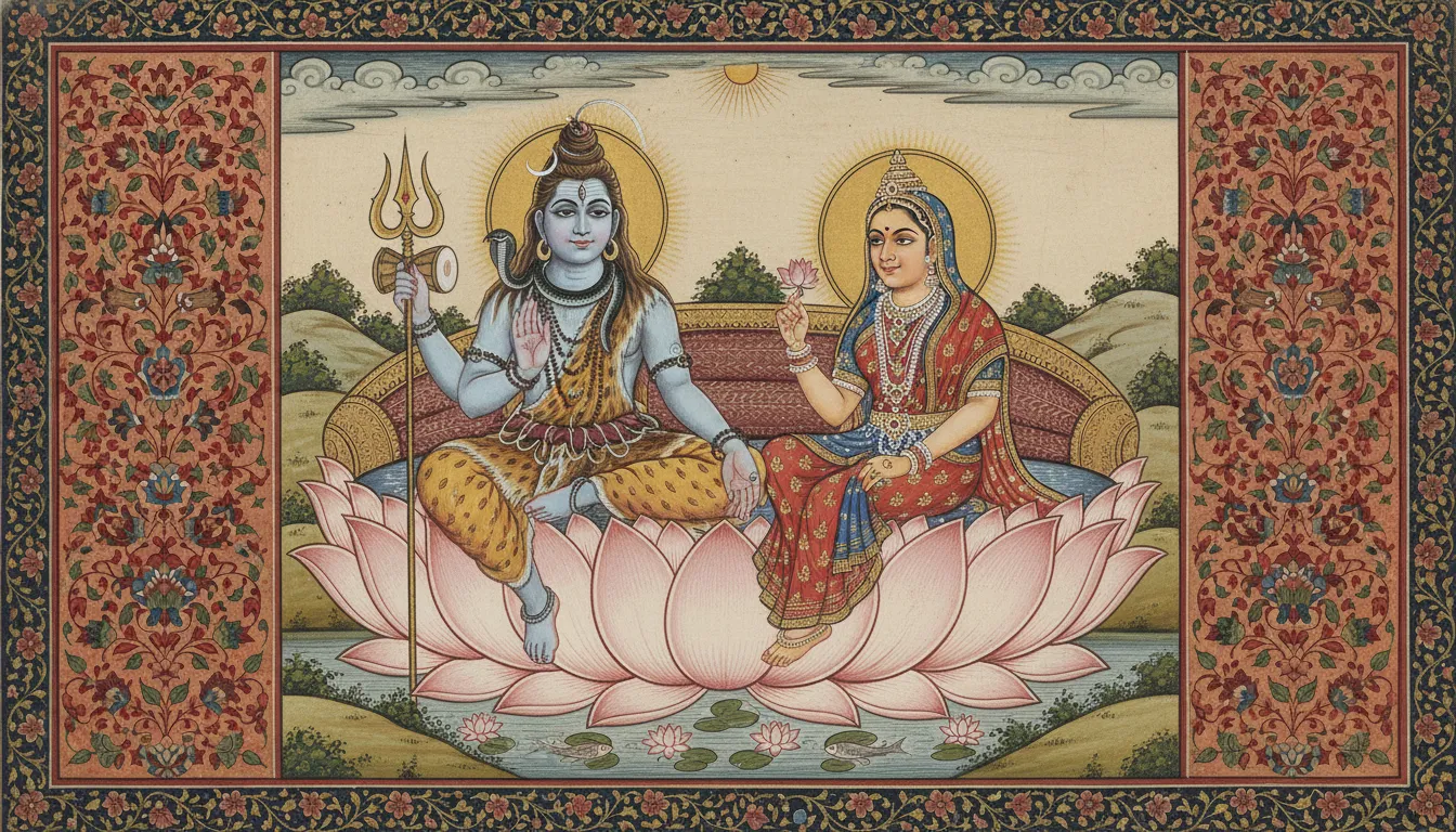 miniature painting style shiva parvati on lotus throne detailed artwork