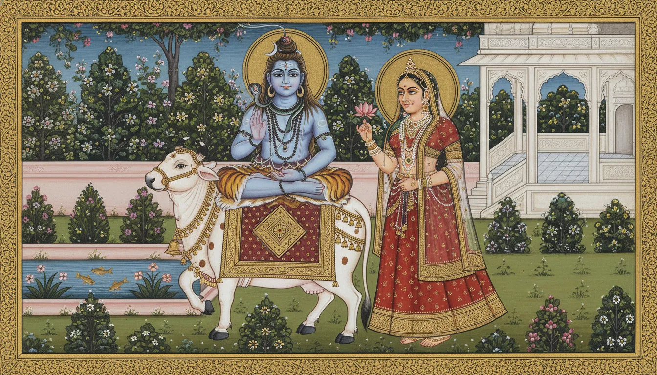 miniature painting style shiva on nandi with parvati standing nearby