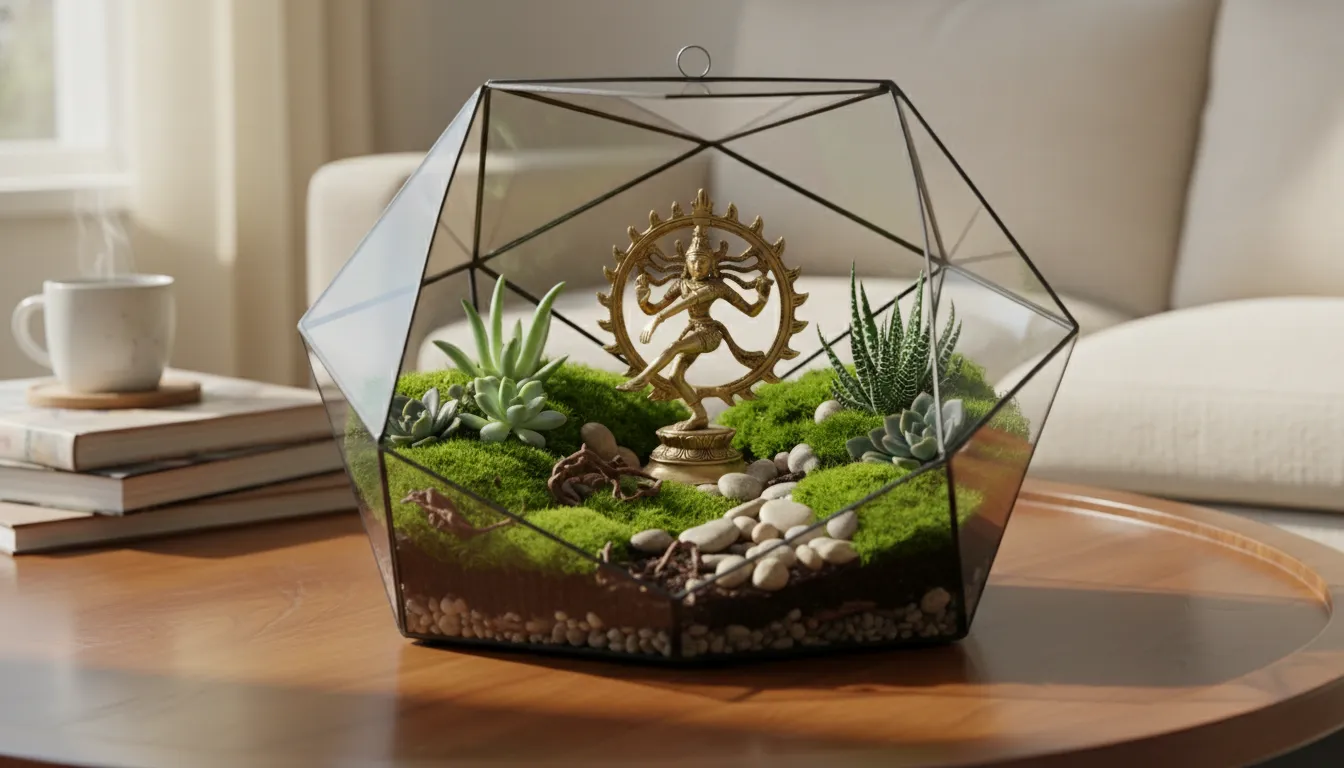 Miniature brass Nataraja statue creatively placed inside a green glass terrarium