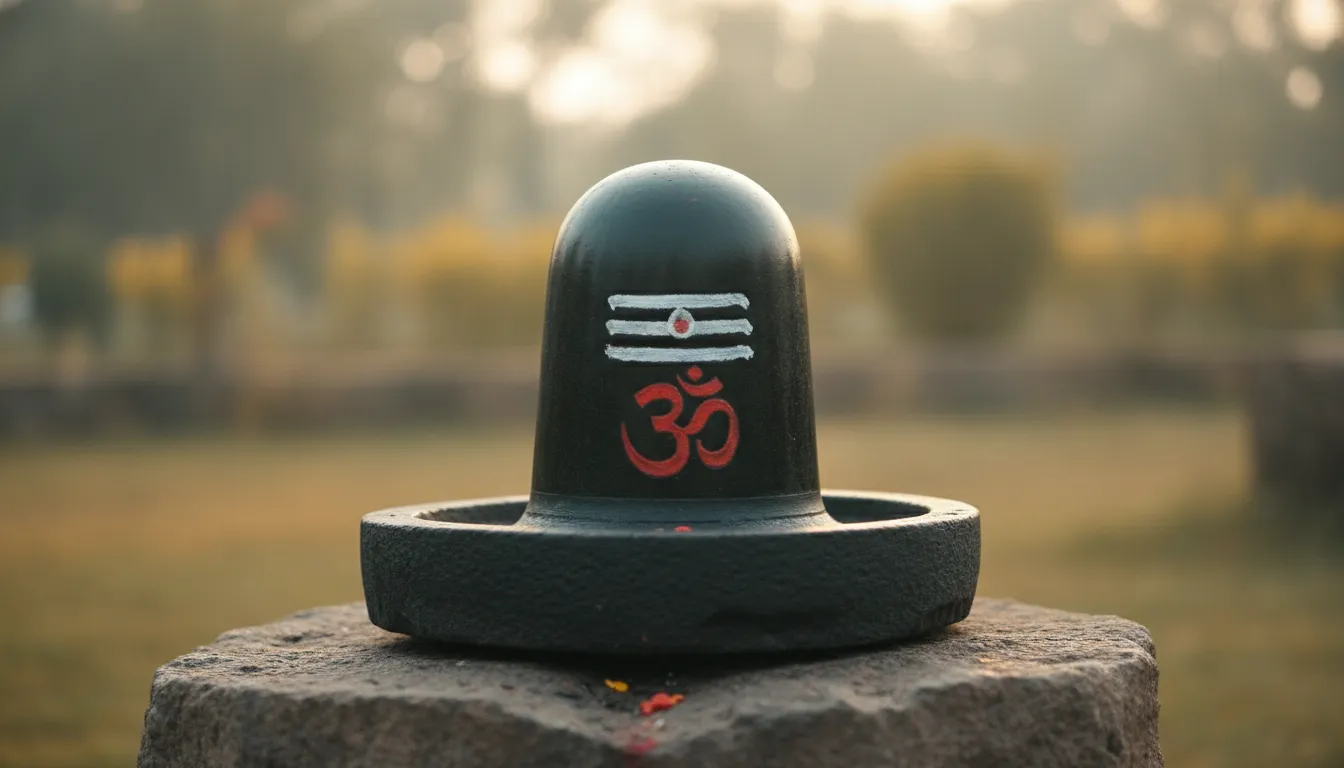 Simple black stone Shiva Lingam with white markings and red symbol