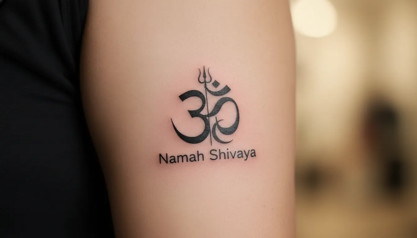 Simple Om Namah Shivaya geometric mahadev tattoo photo on bicep
