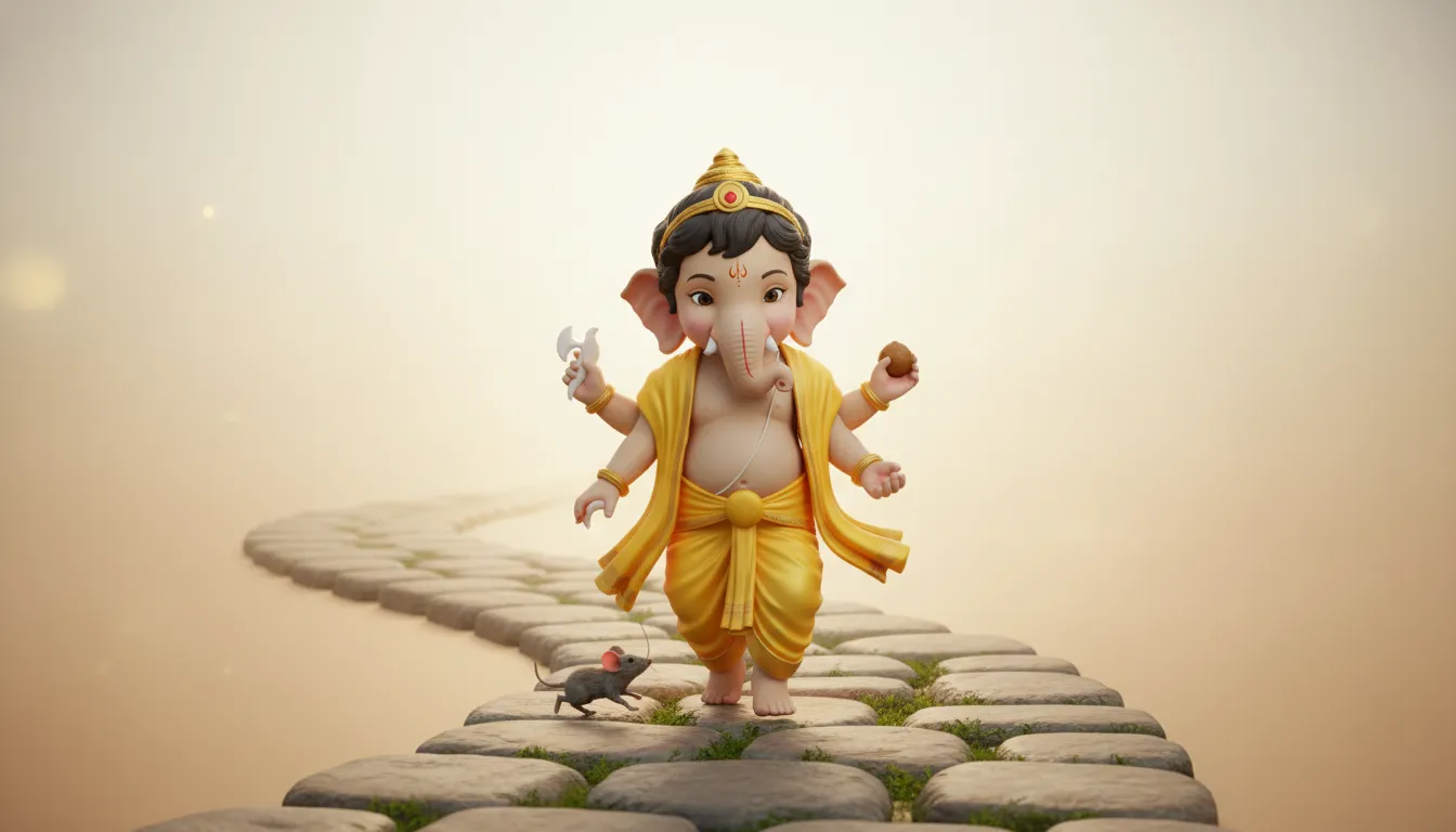 Elegant, clean digital art of child Ganesha walking with a small mouse on a simple road.