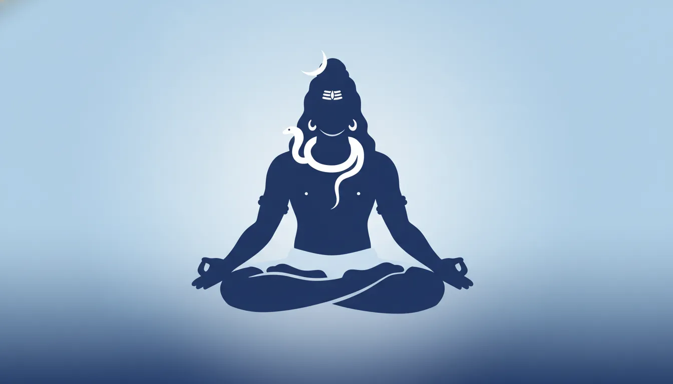 A clean minimalist vector design of Lord Shiva meditating on a blue background.