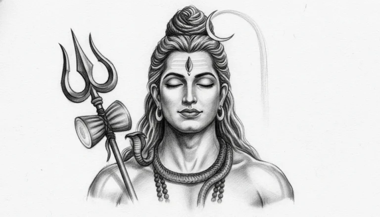 Minimalist black and white charcoal sketch of Lord Shiva sitting in peaceful meditation.