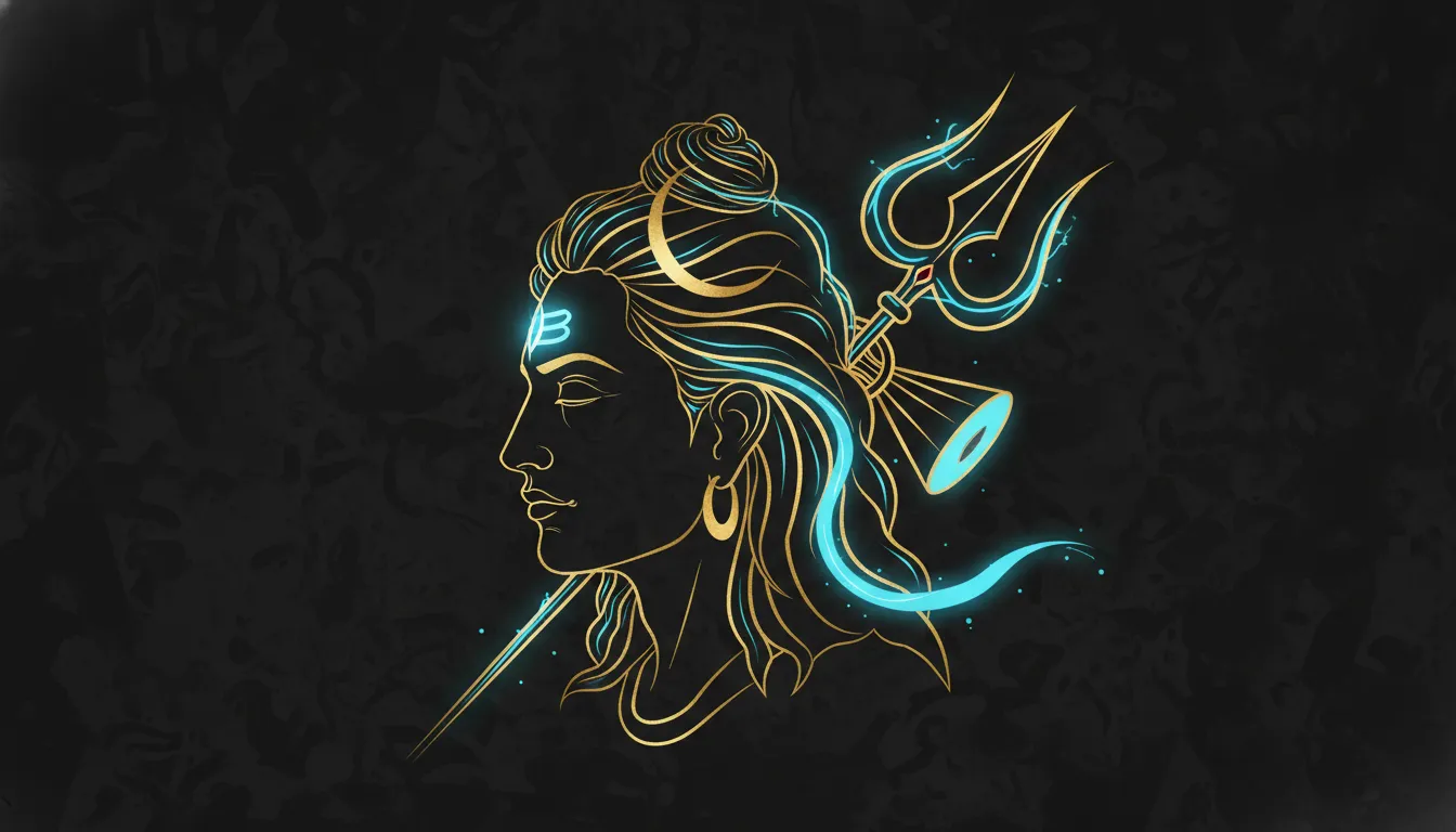 A modern minimalist Dev ke Dev Mahadev photo with clean lines, Shiva silhouette, Trishul, and a crescent moon.