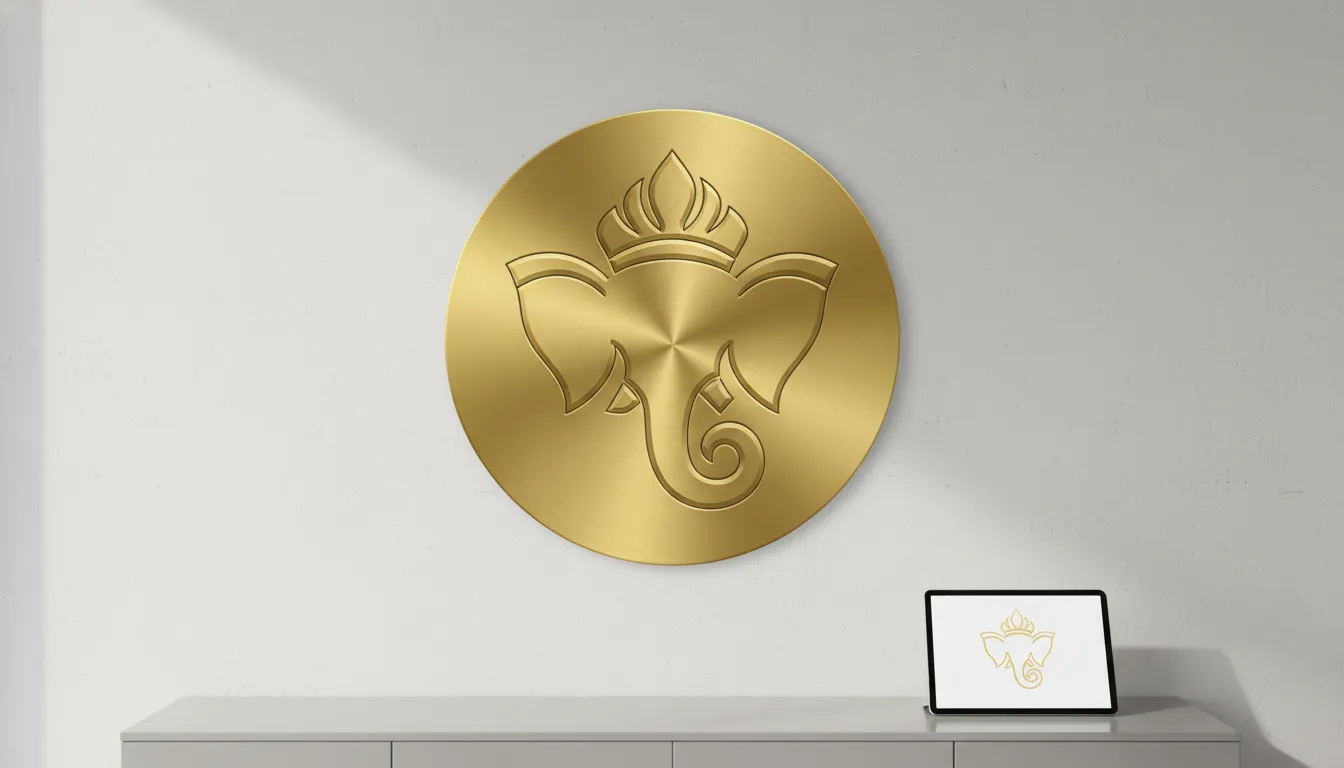 Minimalist circular gold plate with an embossed abstract Ganesha icon