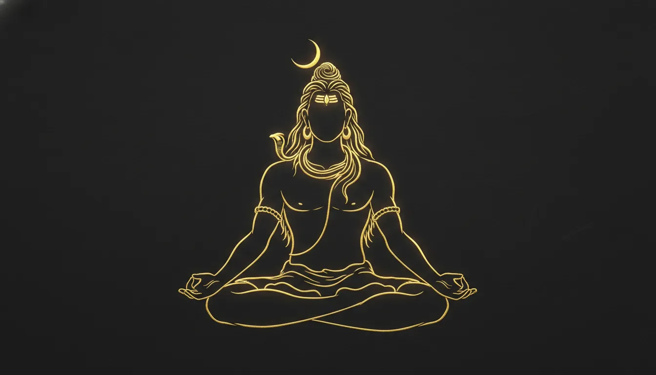 Minimalist vector art of Lord Shiva meditating drawn with elegant golden lines on a dark background