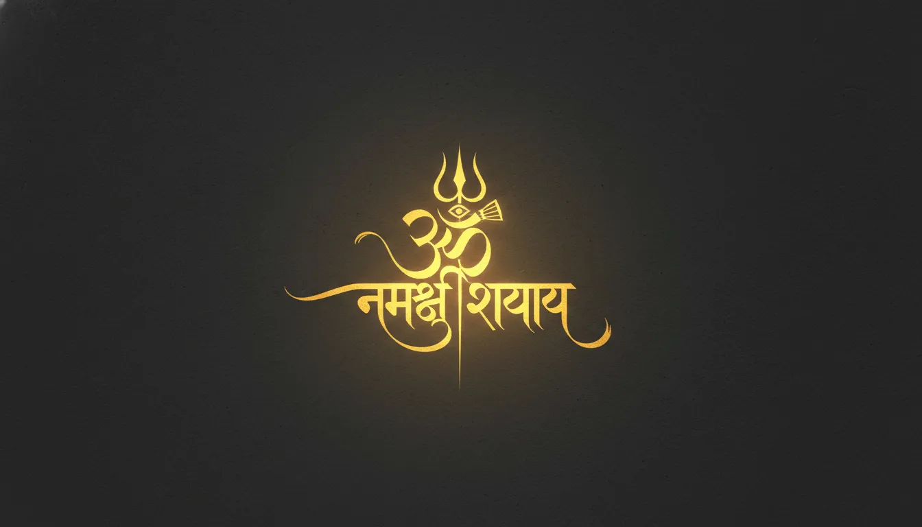 Minimalist dark background with glowing Trishul and Sanskrit Mahadev calligraphy for editing.