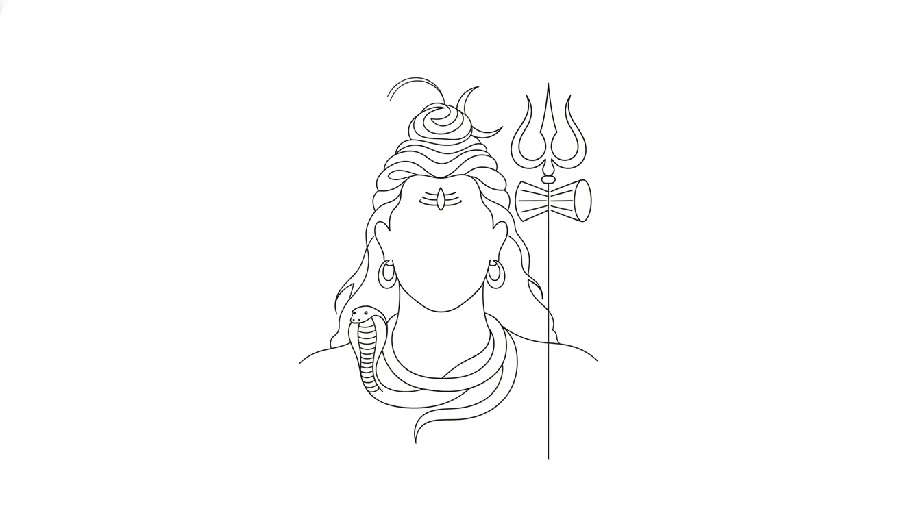 A modern minimalist line art drawing of Mahadev featuring the third eye, Trishul, and snake.