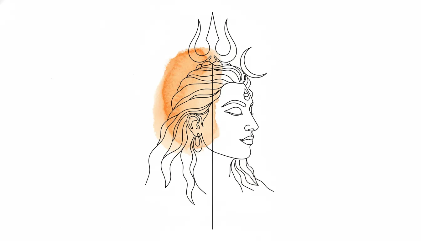 Modern minimalist line art drawing of Lord Shiva featuring the Trishul, crescent moon, and third eye.