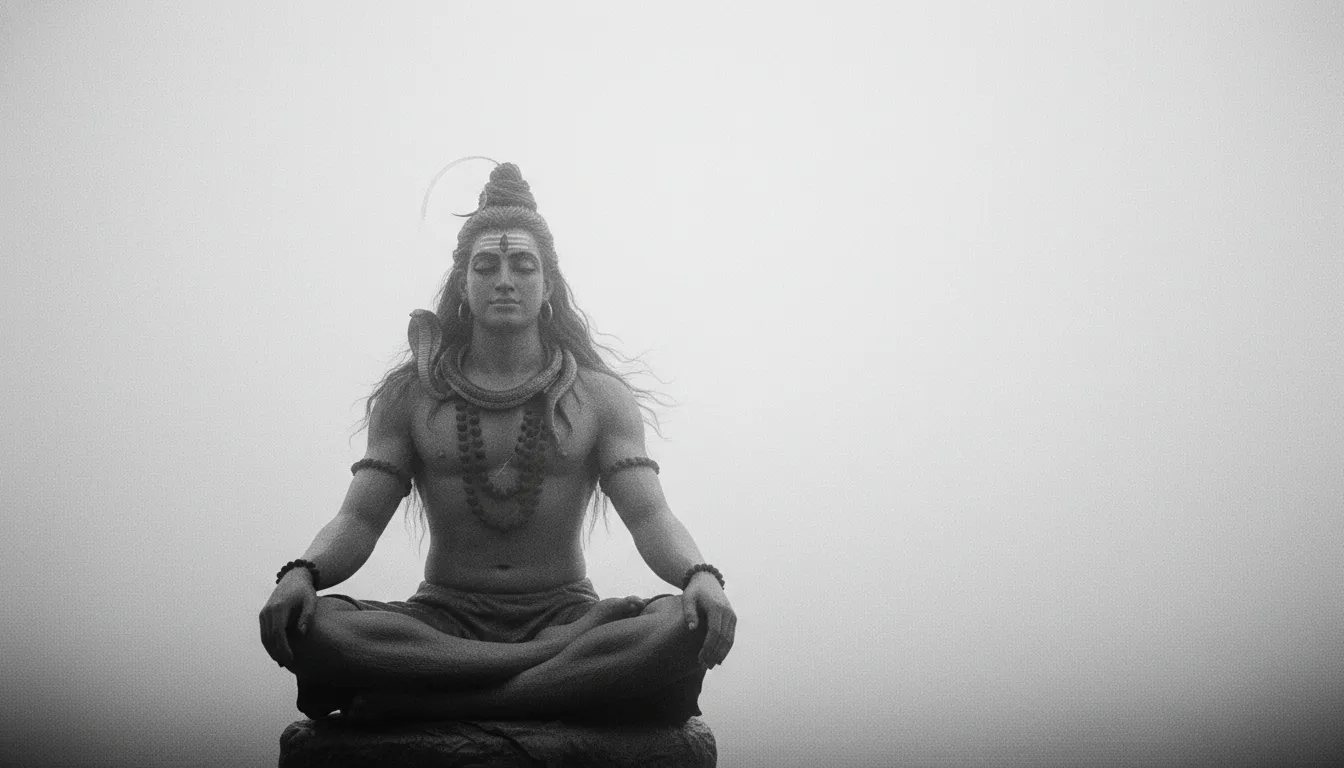Clean minimalist Mahadev old photo sitting in silent Samadhi posture against a misty background.