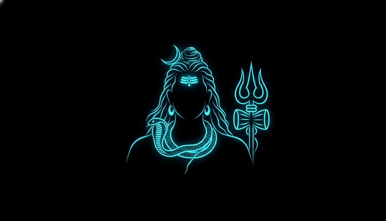 Modern minimalist neon glowing silhouette of Lord Shiva meditating in a dark background.