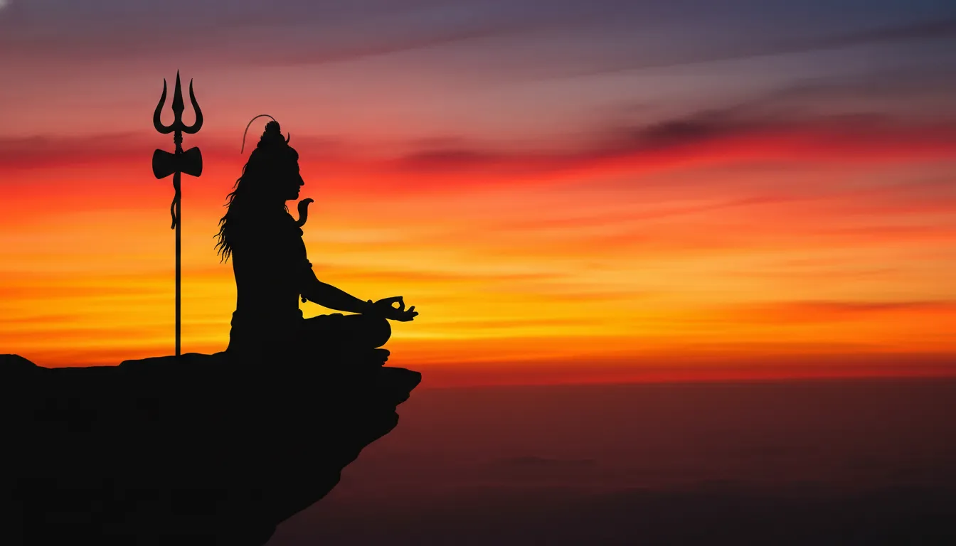 Pura Mahadev photos showing a beautiful minimalist silhouette of Lord Shiva against a sunset sky.