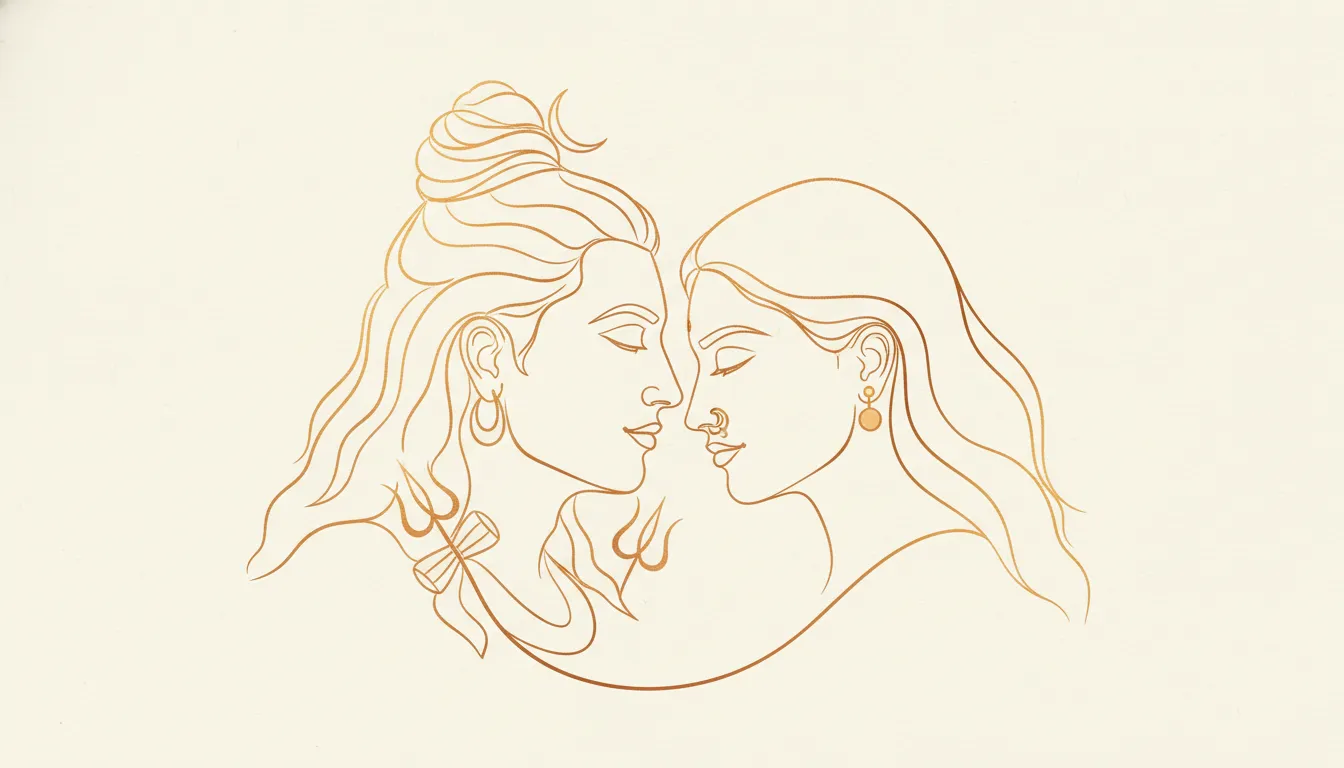 Minimalist elegant vector line art of Lord Shiva and Goddess Sati face profiles together