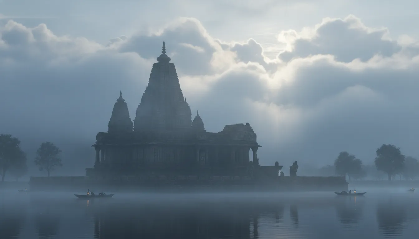 Neelkanth Mahadev Temple partially covered in thick morning fog and clouds.