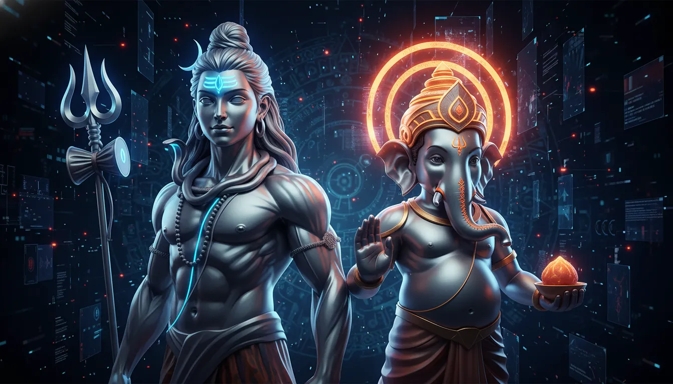 3D digital art of Mahadev Ganpati photo with glowing neon lights.