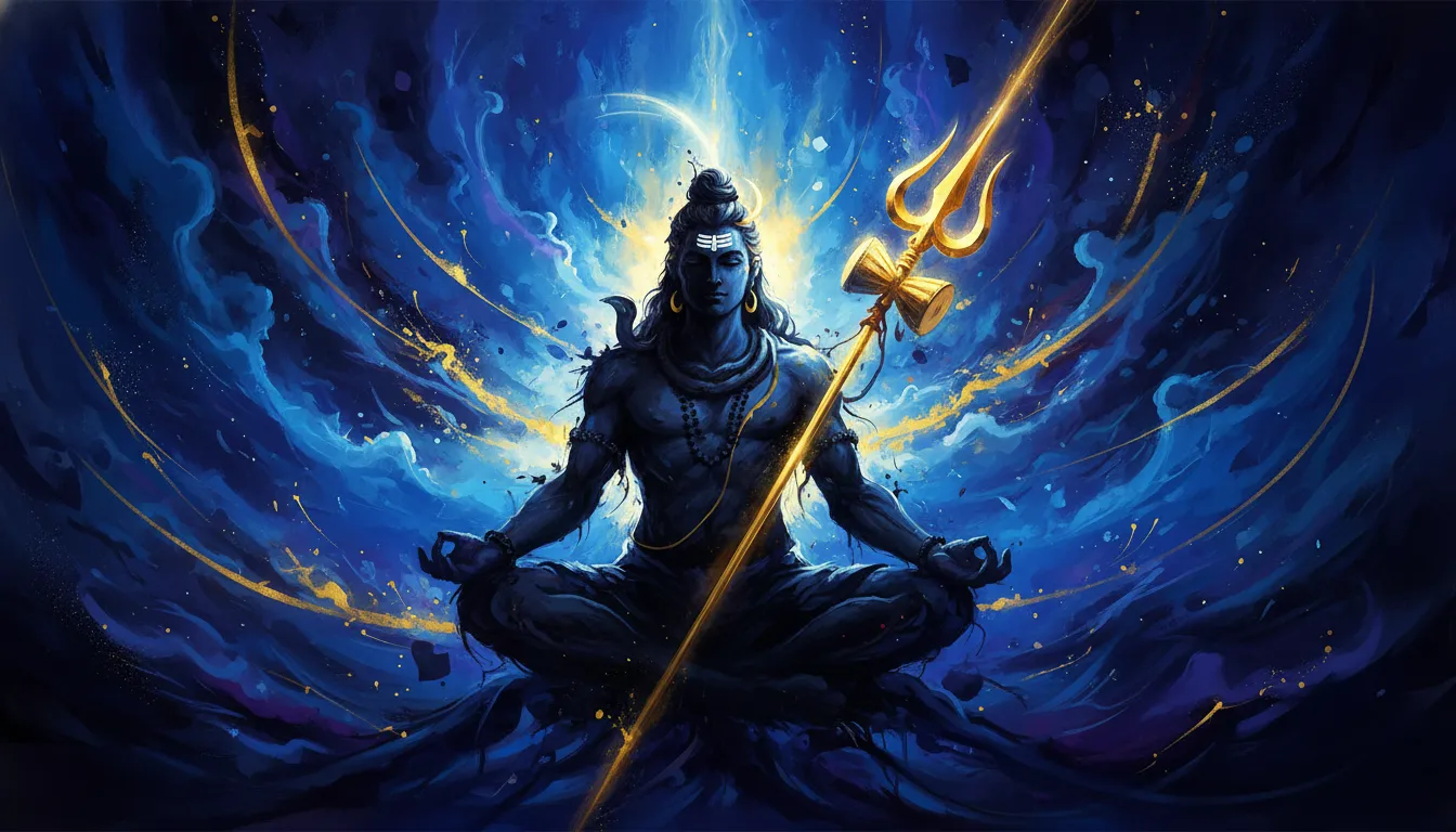 Abstract colorful silhouette of Lord Shiva meditating with a glowing trident