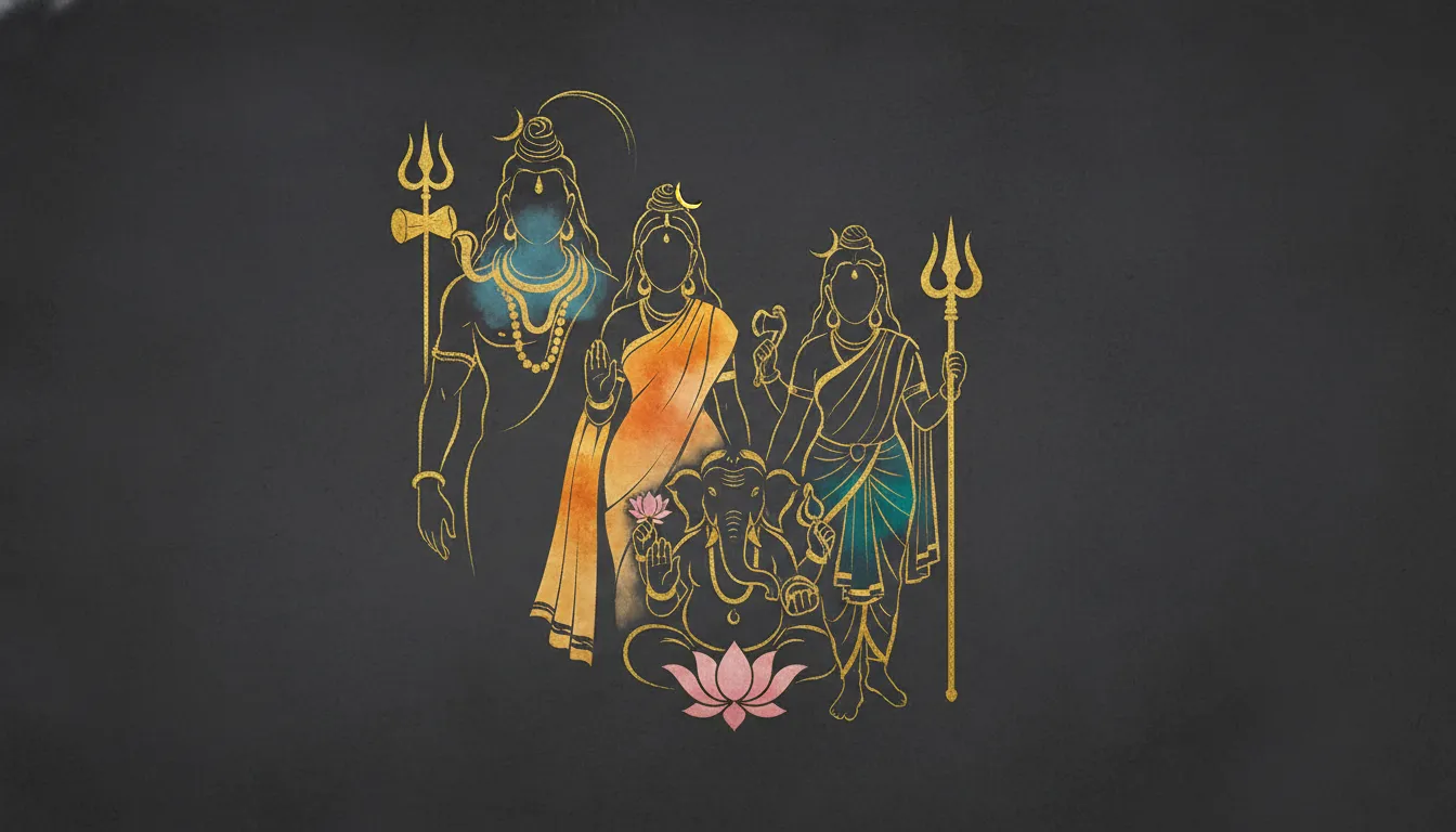 A contemporary and elegant abstract Mahadev full family photo with minimalist outlines and sophisticated color accents.