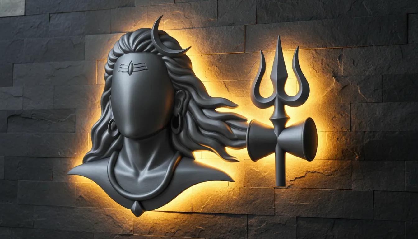Minimalist metallic Mahadev murti made of matte dark metal alloy with glowing gold neon backlit elements