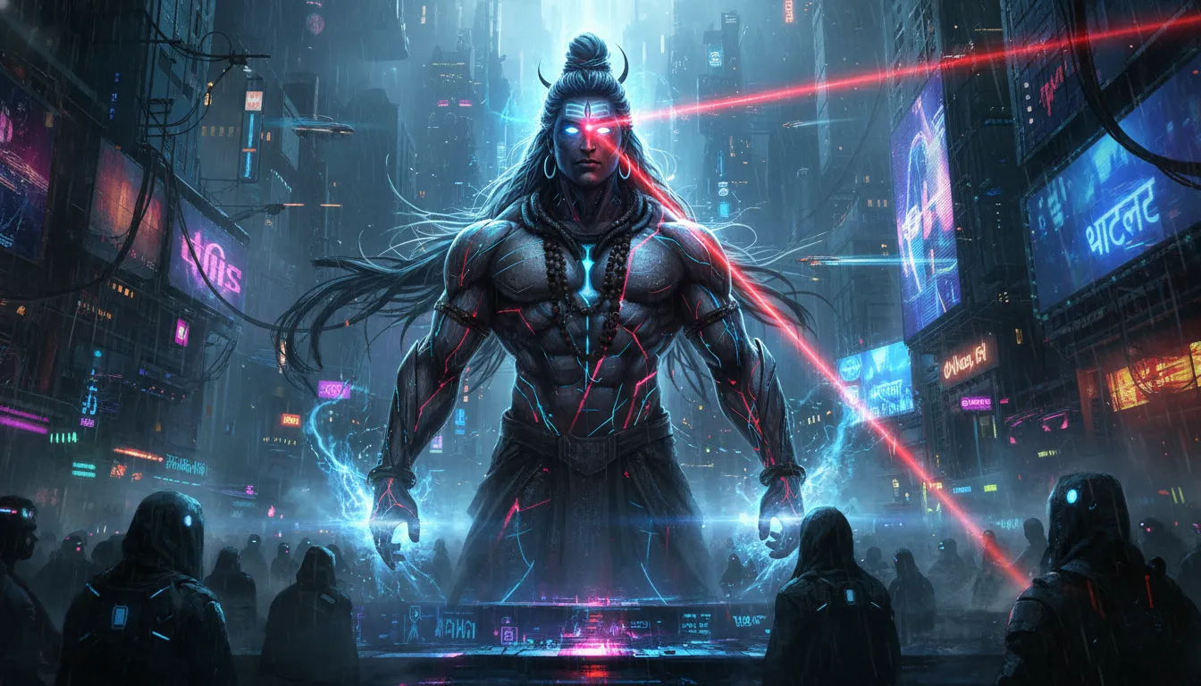 A modern futuristic cyberpunk style depiction of an intense Lord Shiva avatar.
