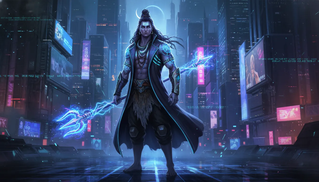 Futuristic cyberpunk reimagining of Lord Shiva with glowing blue neon tattoos and high-tech elements.