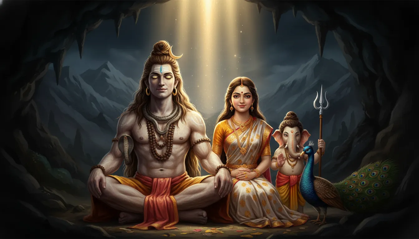 A modern, hyper-realistic digital painting of Lord Shiva's family.