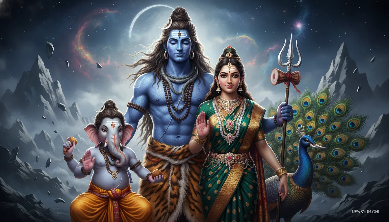 A high-definition modern digital art piece showing the Shiva family with realistic textures and dramatic lighting.