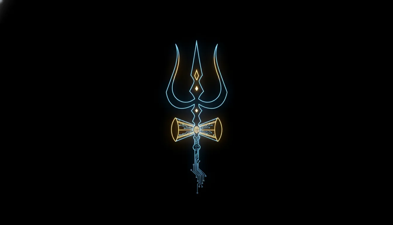 Minimalist black background with a glowing neon blue and gold trishul silhouette.