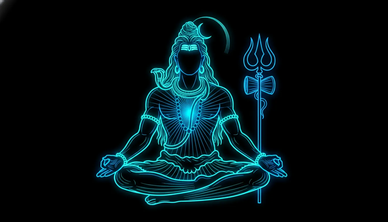 Abstract minimalist glowing neon silhouette of Lord Shiva with Trishul.