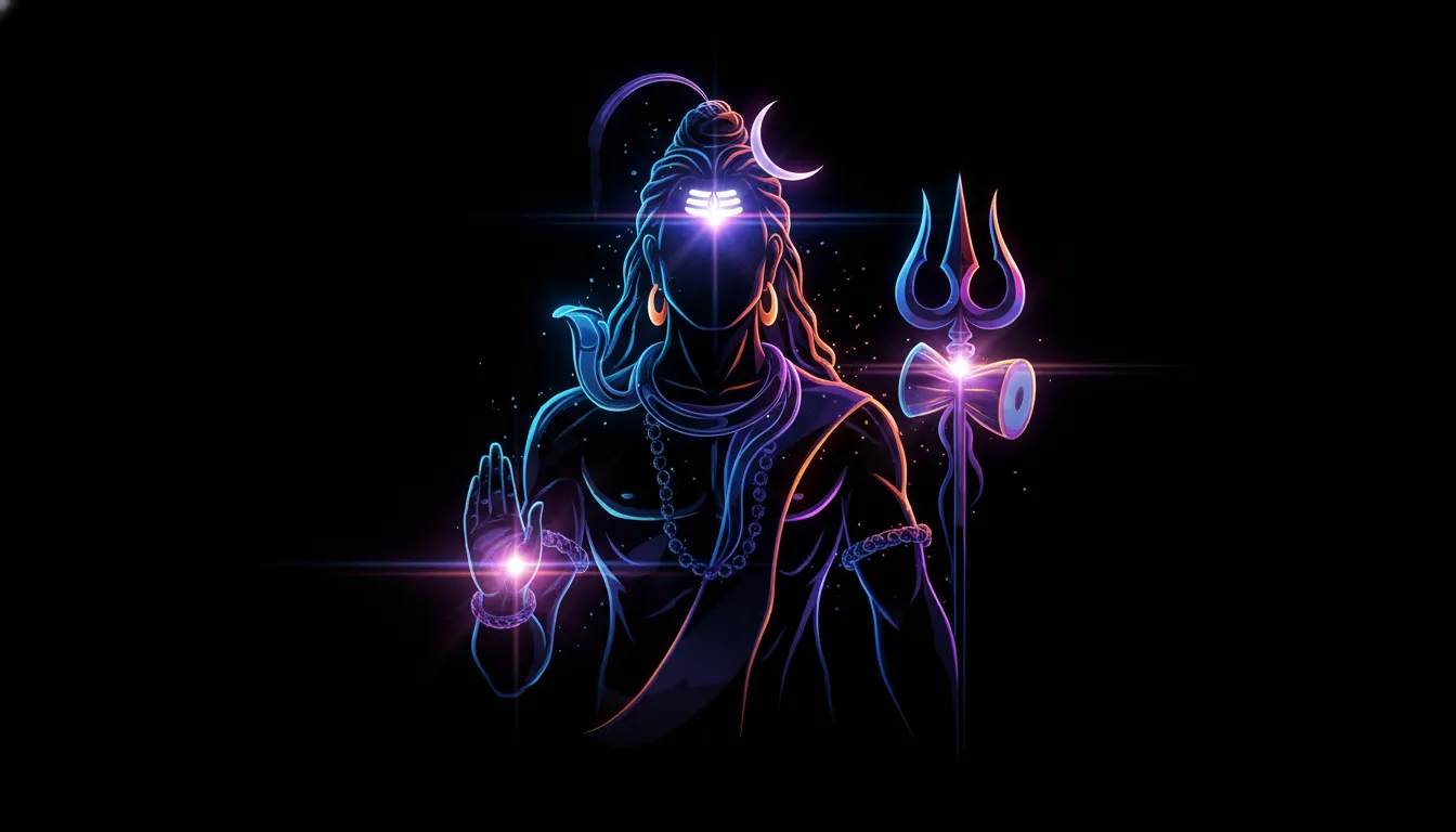 Pura Mahadev photos featuring a modern abstract neon glowing portrait of Lord Shiva.