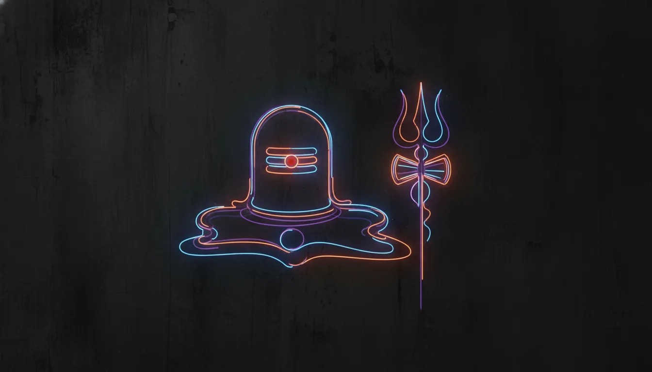 Abstract neon glowing lines forming a Har Har Mahadev Shivling photo on a dark background.