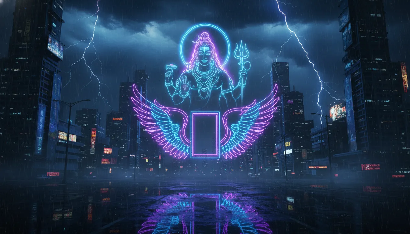 Futuristic neon style Mahadev photo editing background HD with glowing wings and lightning.
