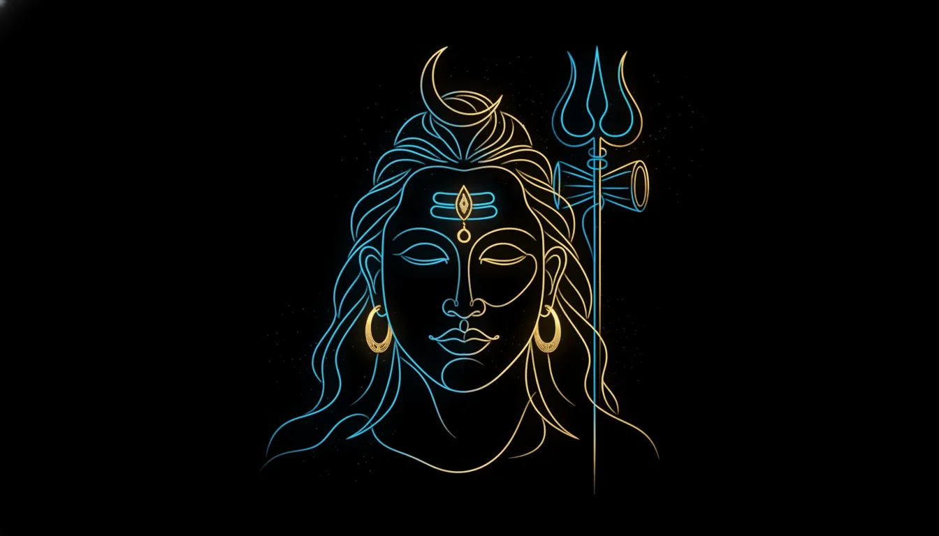Modern abstract line art of Lord Shiva's face with neon glowing lines.