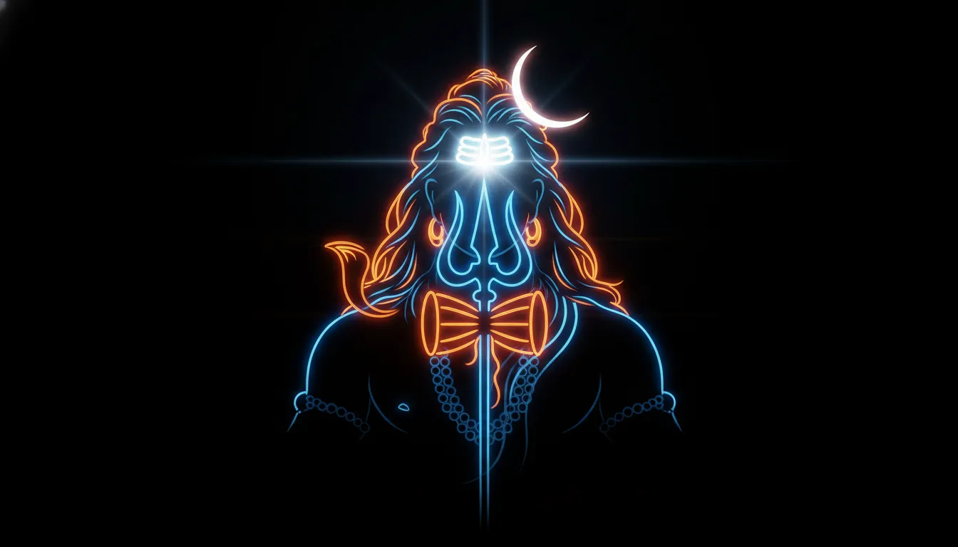 Modern digital art of Mahakal Mahadev photo with glowing neon lines