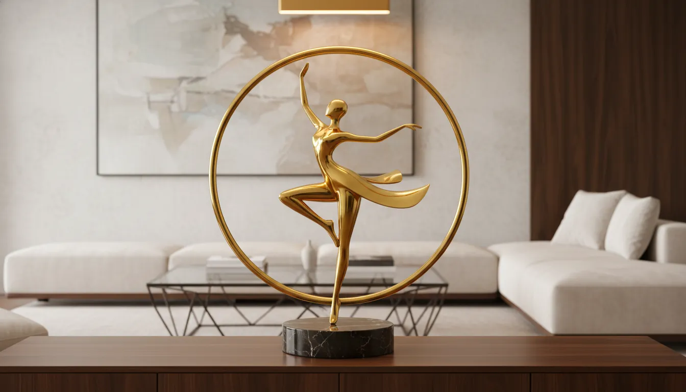 Contemporary gold plated statue of a spiritual dancer with a minimalist circular border