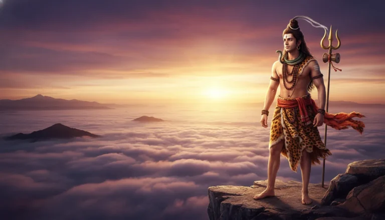Full-length majestic portrait of Mohit Raina as Lord Shiva standing proudly on a mountain cliff.
