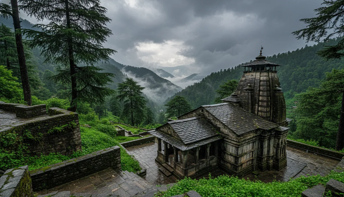 Vibrant green landscape and wet stone structures of Binsar Mahadev Temple during the monsoon season.
