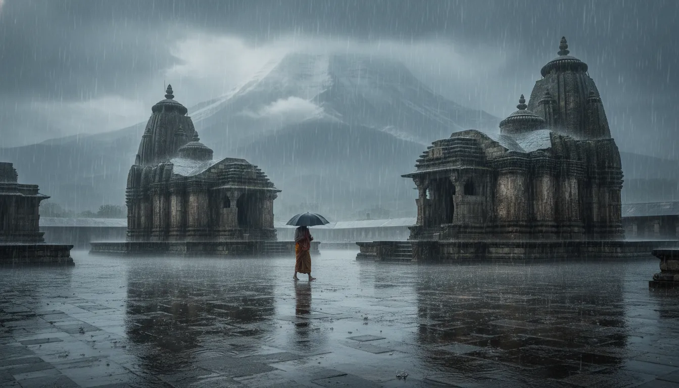 Monsoon rain at Shiva temple with Mount Kailash hidden in clouds