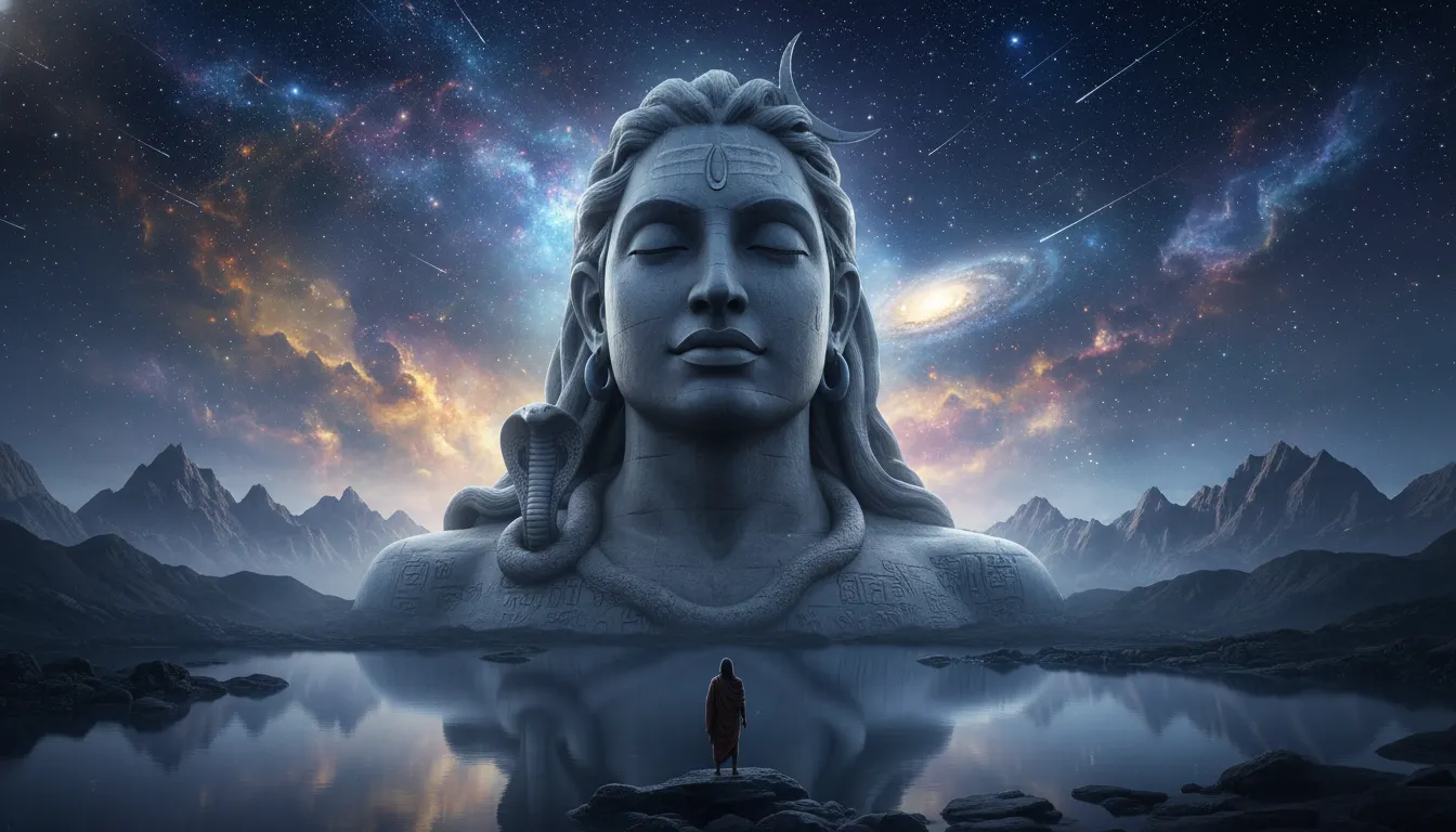 A giant statue-like face of Lord Shiva rises above mountains beneath a night sky filled with stars and meteors.