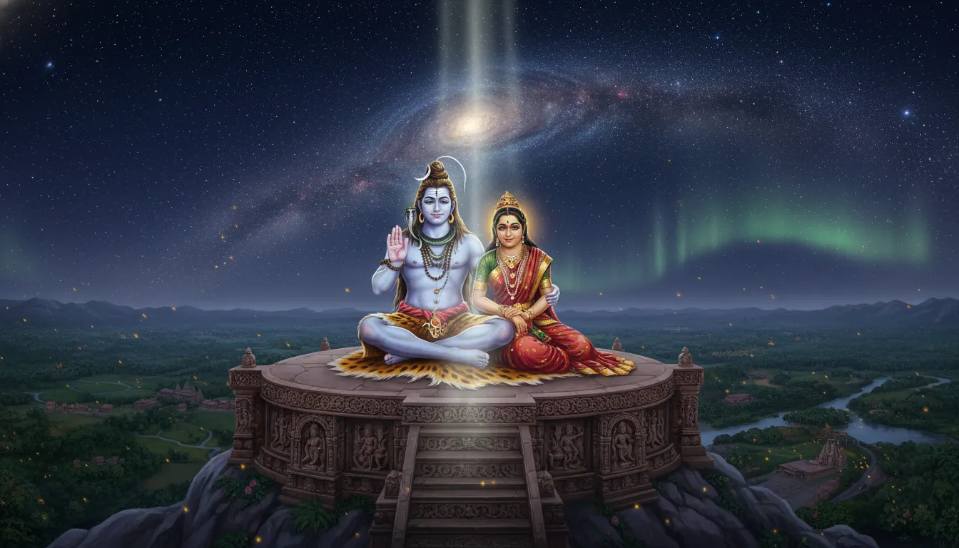 Lord Shiva with a crescent moon in his hair blessing the world alongside Goddess Parvati