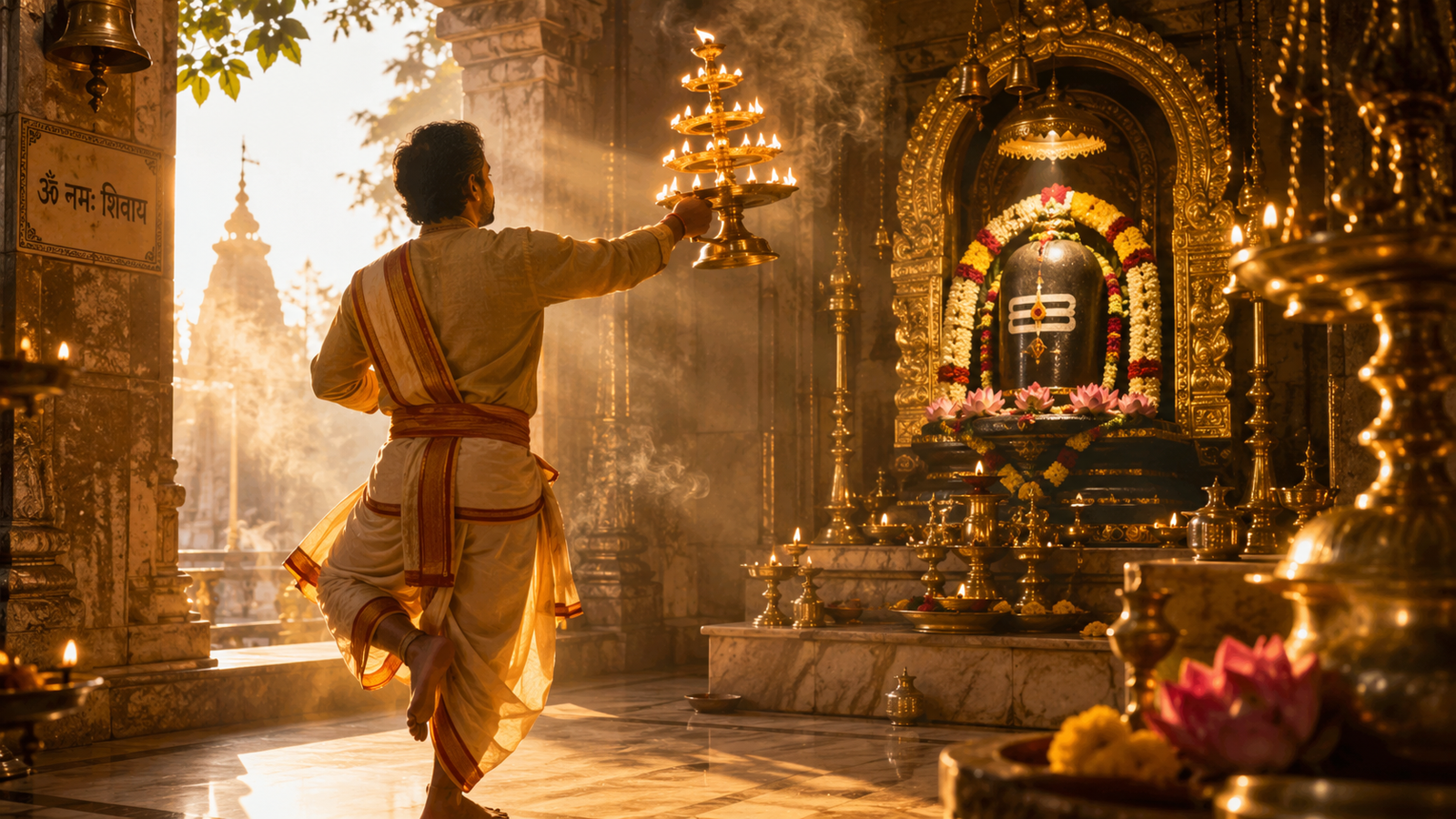Devotee holding a brass aarti lamp while performing a graceful dance step in front of a Shiva deity