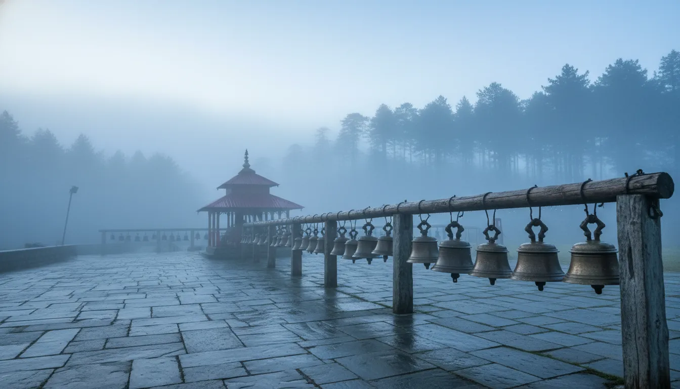 Spiritual morning fog enveloping the stone structures of Binsar Mahadev Temple in Almora.