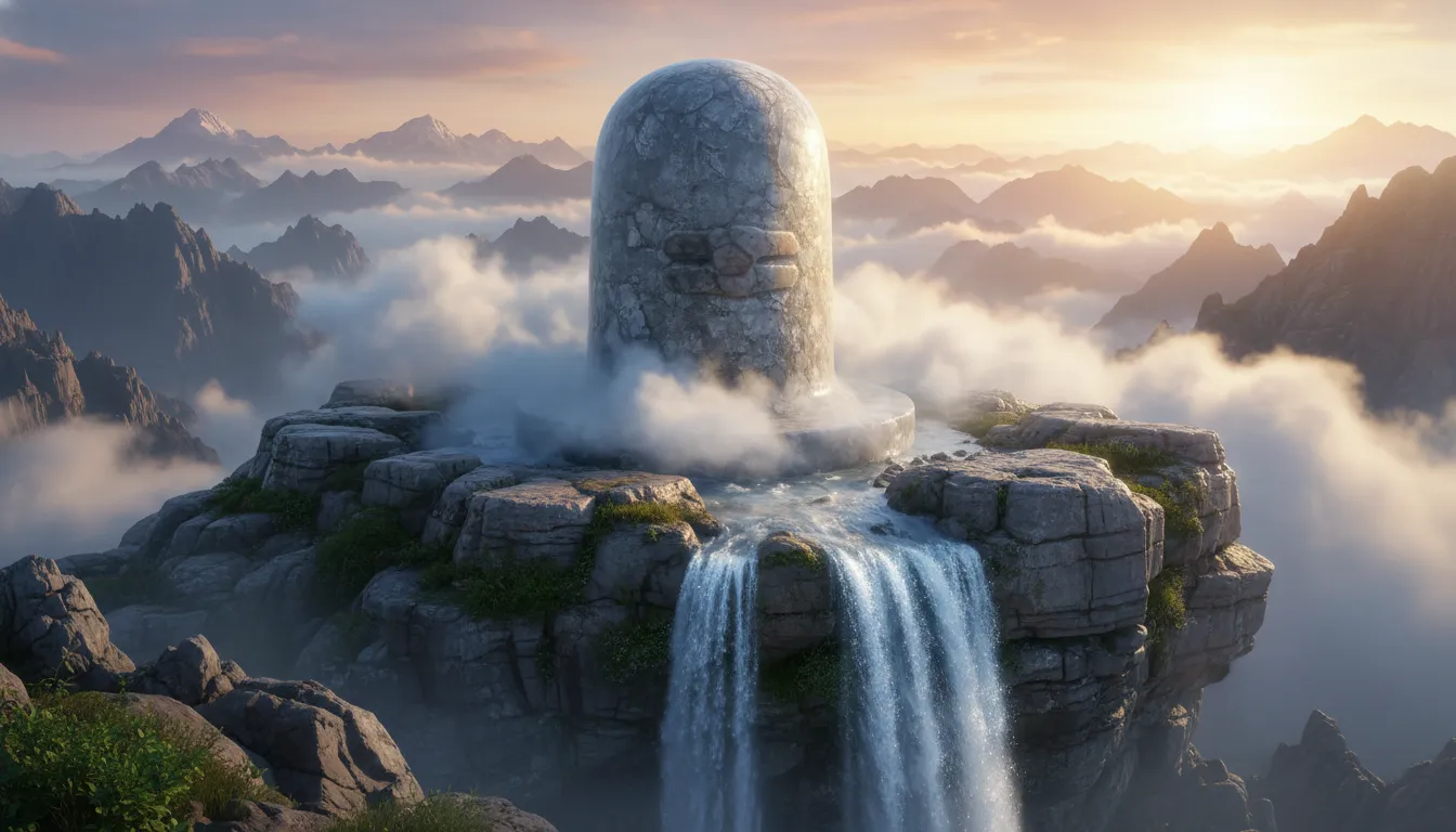 Shiva Lingam on mountain peak with water flowing like waterfall